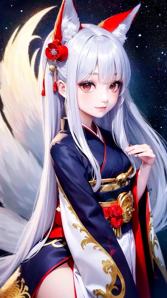 Kitsune girl,hime cut,silver eyes,gold darkblue and red tones japanese cloth, geisha dress theme sun&moon , traditional japanese , long white hair,silver fox ears, have kitsune tail, beautiful woman, silver eyes, elegant, young adult beautiful,night , starry night,sexy eyes,flirting,smile, erotic,nude, royal charm