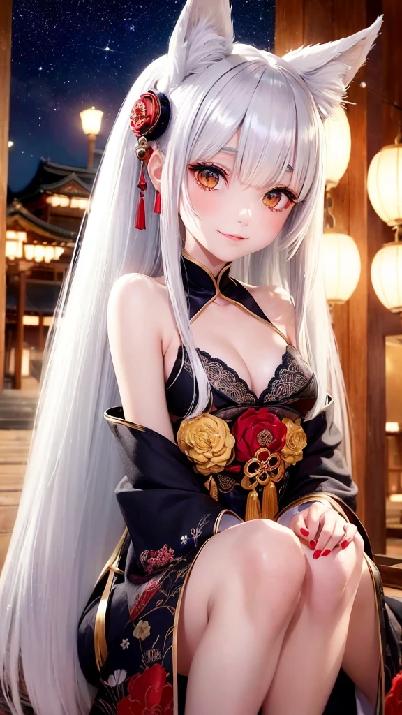 Kitsune girl,hime cut,silver eyes,gold darkblue and red tones japanese cloth, geisha dress theme sun&moon , traditional japanese , long white hair,silver fox ears, have kitsune tail, beautiful woman, silver eyes, elegant, young adult beautiful,night , starry night,sexy eyes,flirting,smile, erotic,nude, royal charm