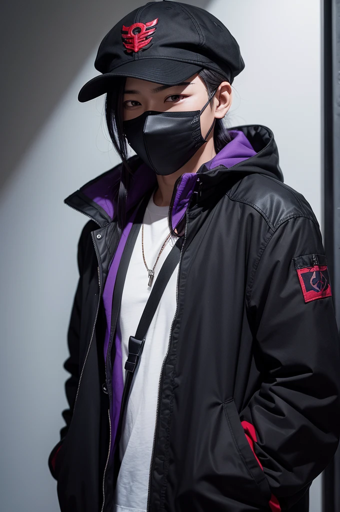 Character with cap and tied hair, black gut mask, red jacket hanging on the shoulder, bright purple eyes, all black shirt

