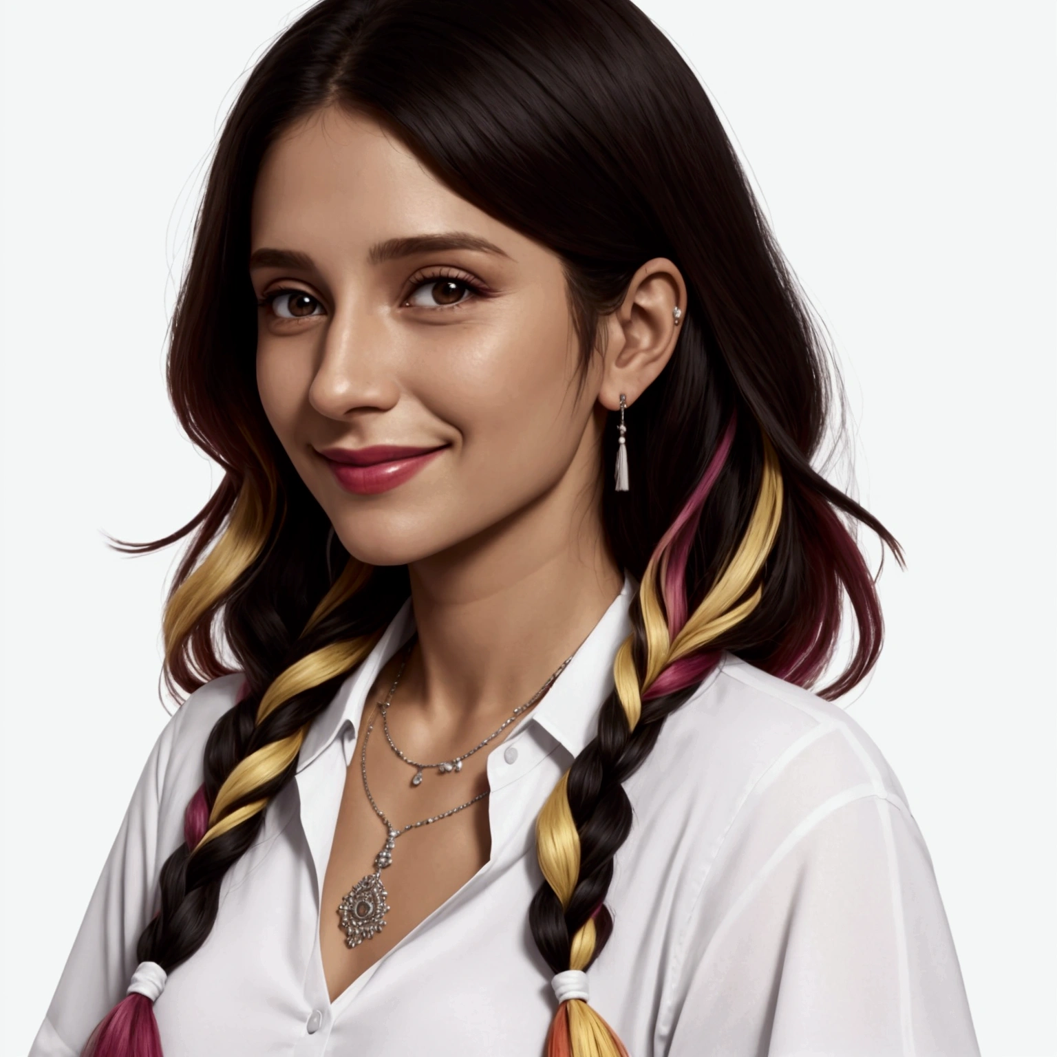 smiling woman with multicolored necklace and white shirt against white background, Magda Torres Gurza, fernanda suarez, brush pile, Carola Rubio, lorena avarez, Blanca Alvarez, alanis guillen, Caroline Gariba, olivia de bernardinis, Julia Fuentes, valentine shuffle, sandra chevier, andrea rocha, adriana dxim