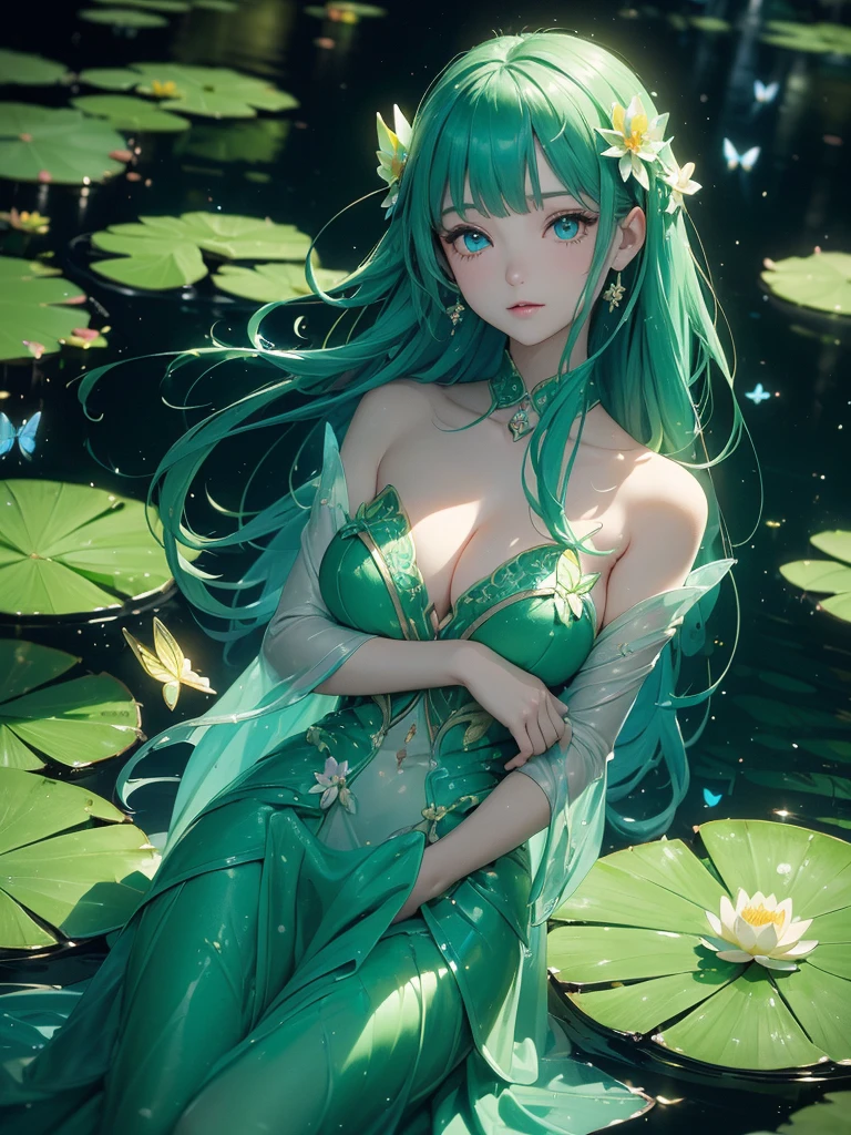 (Green dress), (Lotus pond), (Water lily pad), (Lotus: 1.3), (Butterfly: 1.4), (Paper fan), (Floating leaves), (Wind), (Sleeping), (Transparent water: 1.1), (Moonlight: 1.3, perfectly matching the surrounding scenery. On a beautiful night, the moonlight shines on the water surface, creating a cam atmosphere. From above, viewers can see the water lilies and lotus flowers around her, and there is a mysterious light underwater that illuminates the elegant swimming fish around her. Many blue butterflies dance around the girl, and the green theme dominates the entire scene. The jade and its color scheme highlight the natural beauty of the pond. The murmuring water and moonlight add a peaceful mood, making it a perfect place for relaxation and reflection. She have big breast. Detailed eyes. Great eyes.