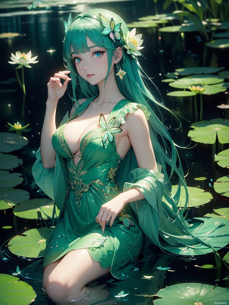 (Green dress), (Lotus pond), (Water lily pad), (Lotus: 1.3), (Butterfly: 1.4), (Paper fan), (Floating leaves), (Wind), (Sleeping), (Transparent water: 1.1), (Moonlight: 1.3, perfectly matching the surrounding scenery. On a beautiful night, the moonlight shines on the water surface, creating a cam atmosphere. From above, viewers can see the water lilies and lotus flowers around her, and there is a mysterious light underwater that illuminates the elegant swimming fish around her. Many blue butterflies dance around the girl, and the green theme dominates the entire scene. The jade and its color scheme highlight the natural beauty of the pond. The murmuring water and moonlight add a peaceful mood, making it a perfect place for relaxation and reflection. She have big breast. Detailed eyes. Great eyes.