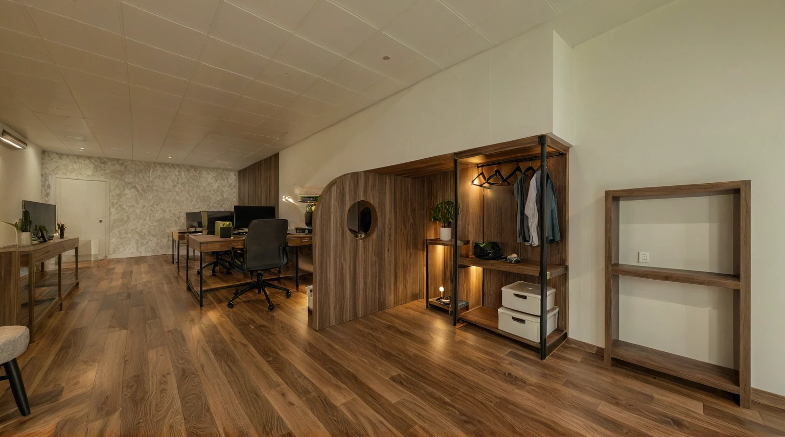 Raw photo, Masterpiece, high quality, best quality, authentic, super detail, interior, indoors,  style modern, minimalist line, wooden, dark walnut wood, LED light, white paint wall, LIVING ROOM, PEN HOUSE, wooden window, japan style, wasabi style, Jen style, paint wall, Indochine style, bedroom, melamine wood, child room, office