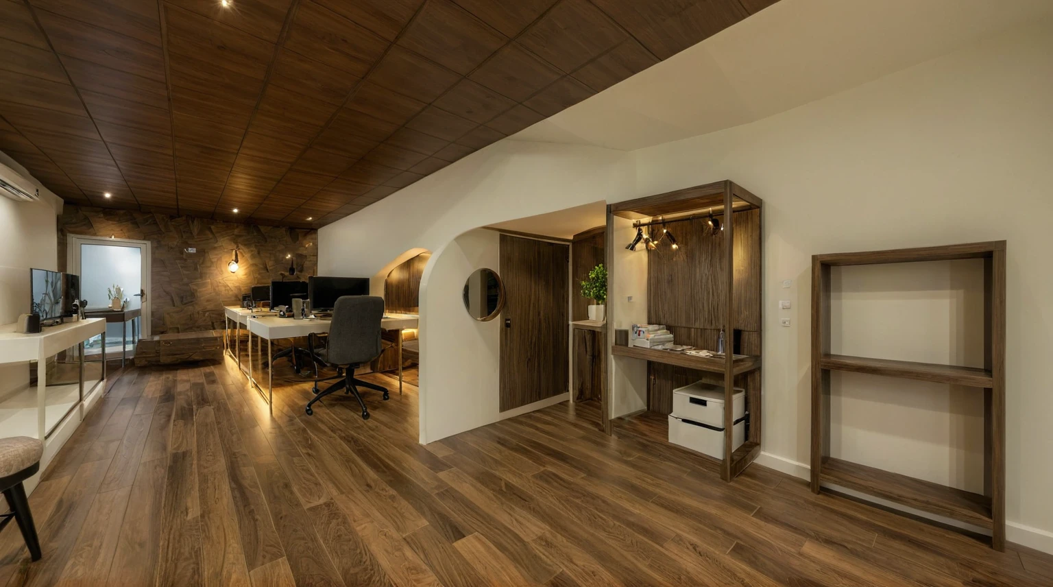 Raw photo, Masterpiece, high quality, best quality, authentic, super detail, interior, indoors,  style modern, minimalist line, wooden, dark walnut wood, LED light, white paint wall, LIVING ROOM, PEN HOUSE, wooden window, japan style, wasabi style, Jen style, paint wall, Indochine style, bedroom, melamine wood, child room, office