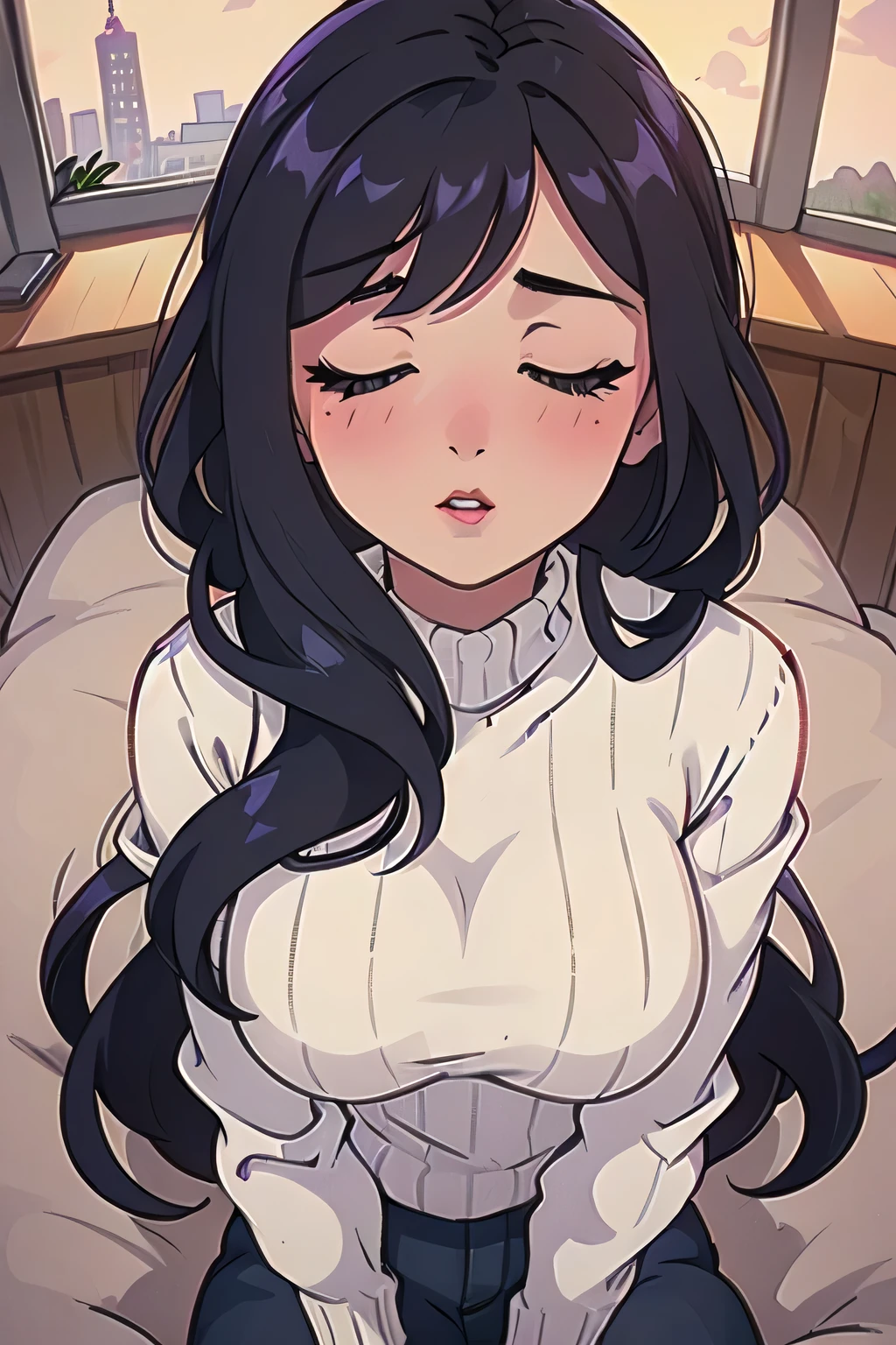 Sexy woman, perfect hair, amazing makeup, seductive gaze, blushing intensely, ready to kiss, long oversized sweater, sitting comfortably on couch, window, natural light beaming through window, beautiful face, seductively gazing at us, very seductively provocative