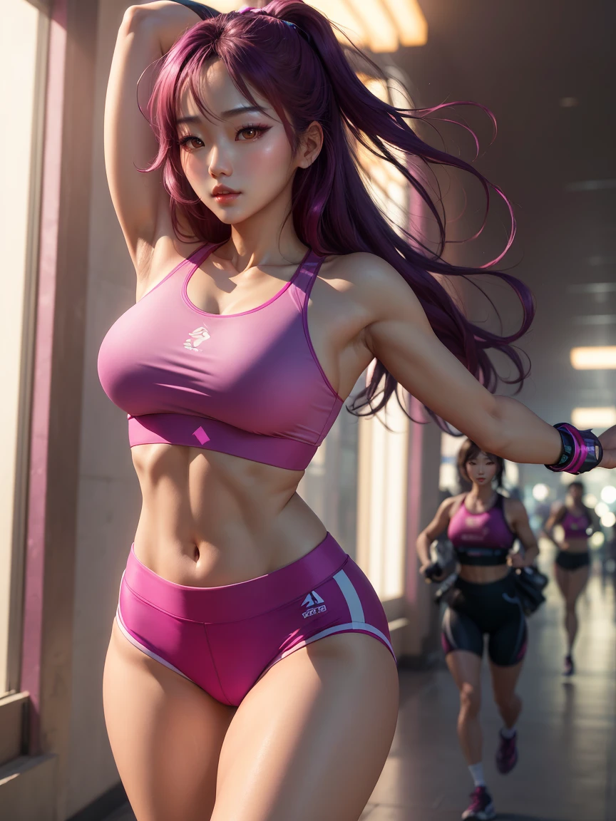 (masterpiece, best quality, highres:1.2), (photorealistic:1.2), (intricate and beautiful:1.2), (detailed light:1.2), (soft lighting, side lighting, reflected light), (colorful, dynamic angle), upper body shot, fashion photography, (Beautiful Korean woman jogging in metropolis, slanted Asian eyes, long hair, wearing magenta sports bra and magenta spandex shorts:1.45), dynamic pose, light passing through hair, (SFW, soft lighting:1.3), (official art), (perfect skin), (sharp)