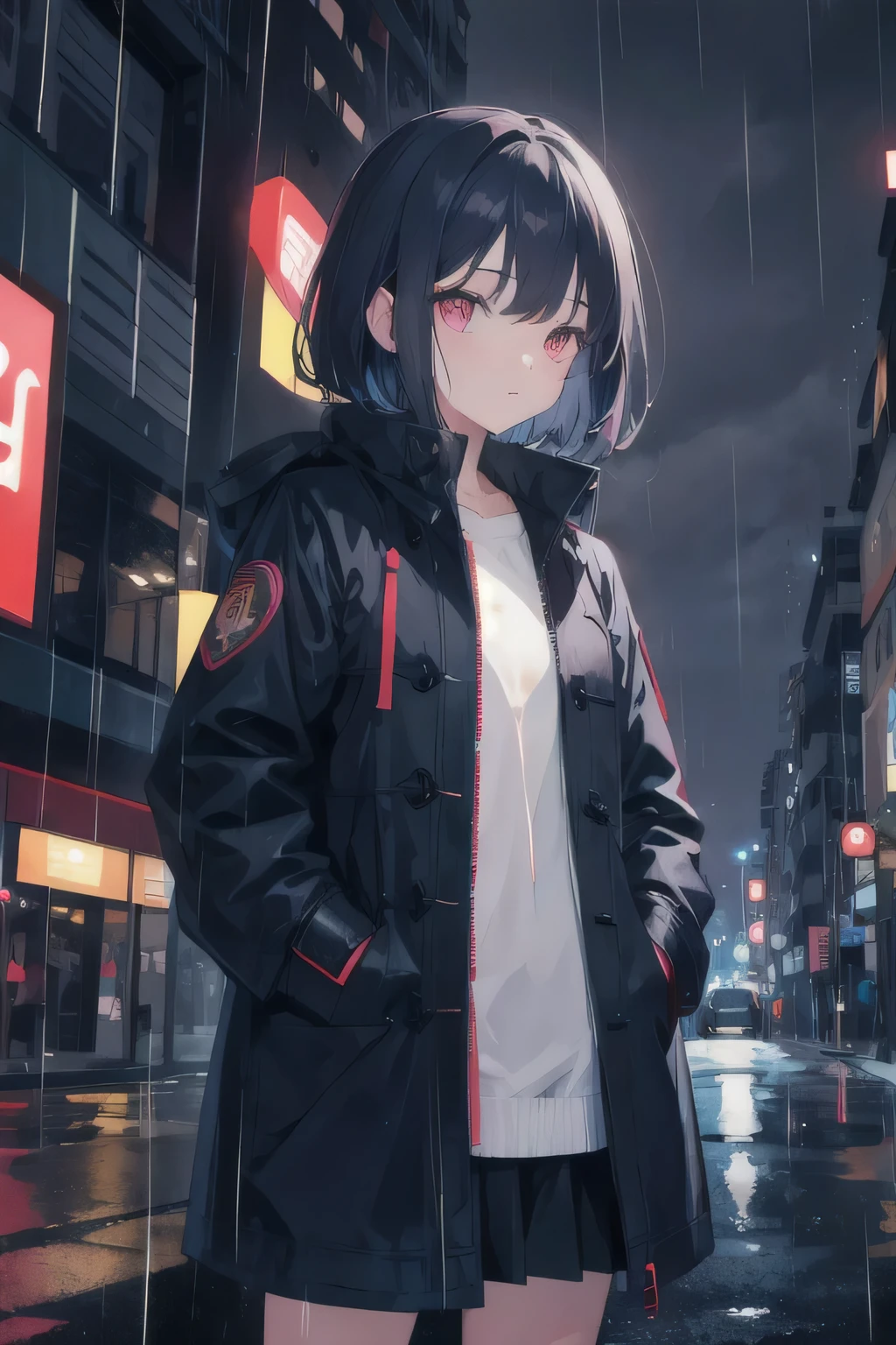 1 girl,night city,rain,coat,hands in pocket