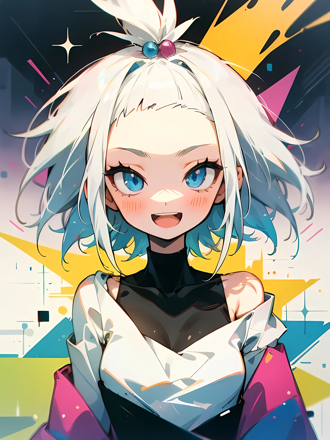 1 girl, ultra high res,visually stunning,beautiful,(abstract art:1.3), magic in the air, medium breasts, blushed, little smile,  blue eyes,short hair, white hair, close up, 50mm, detailed eyes,  look away, hair on the wind, boke, young woman, Roxie_pokemon, 
off the shoulder tops, (teeth:0.5), masterpiece, colorful, detailed hair, stars on the background,masterpiece, best quality, solo,
cleavage, open mouth slightly, (white_tops:1.8),