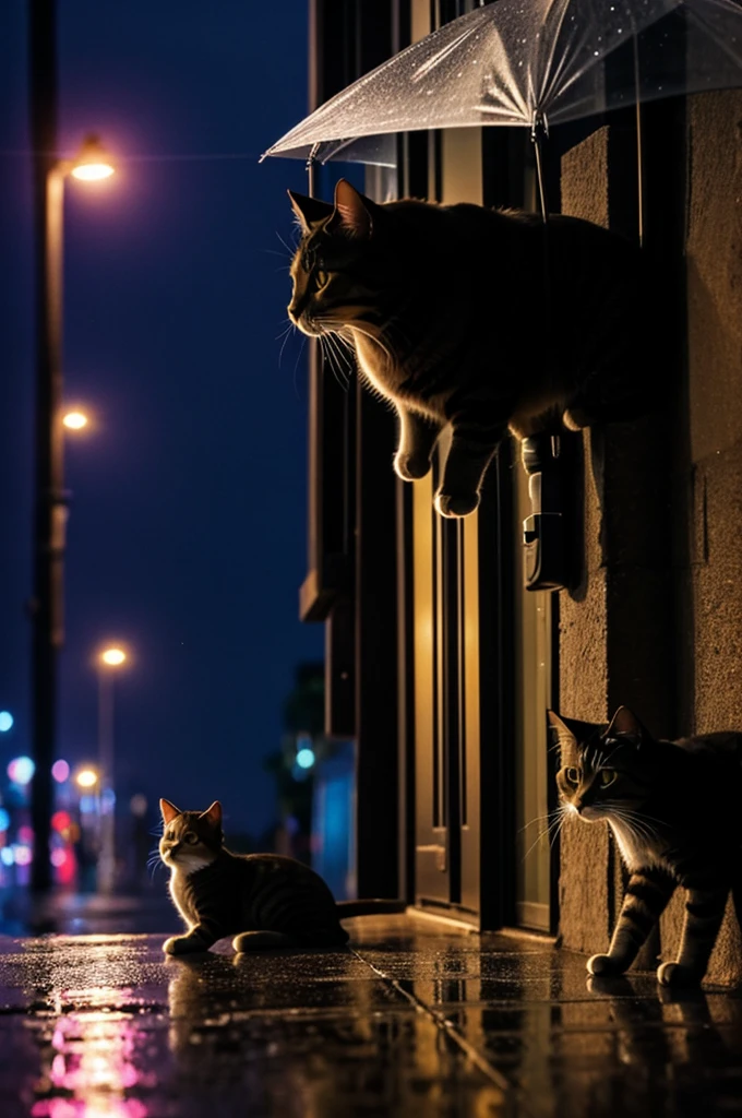 A cat watching the rain in a city at night