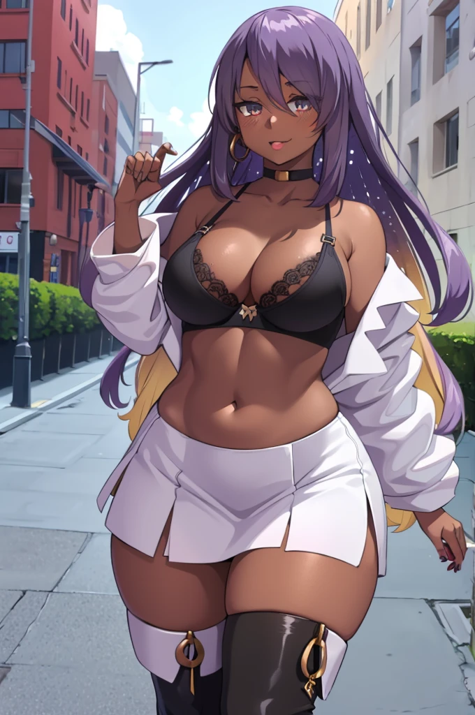 Long purple hair,bigbreast,thicc tigh,wide hips,white skirt,black bra,mini skirt,cleaveage,open cleaveage,darkskin,gyaru,look at viewer,lewd face,teasing,standing,outdoor