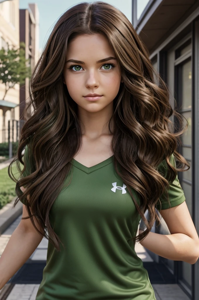 Screenshot of my hero academia. 1 girl with long brown hair green eyes wearing the UA I have curly hair with long dark brown hair