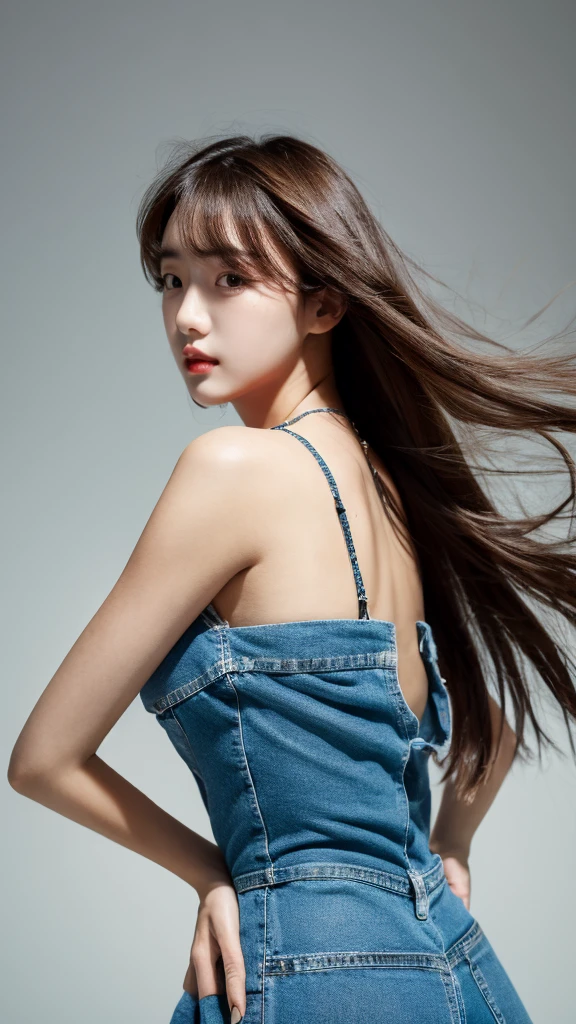 masterpiece, Highest quality, 1 girl, Brunette Hair, Exposing shoulders, Long Hair, dress, Denim Shot, Dynamic pose, Dynamic Angle,