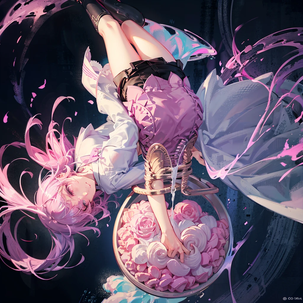 man floating, looking upsidedown, fantasy, short pink hair, pink eyes, colorful, pastel colors, fedora, white tuxedo