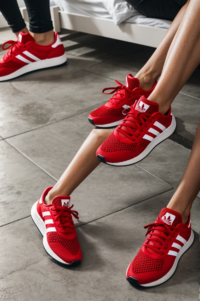 A skinny hand taking a photo of some red Adidas crazyfast sneakers ,that only the hand and the chimpunes can be seen in the background inside a house (next to a bed and with a cement floor)