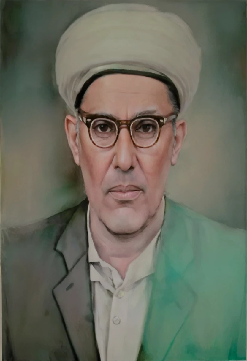 3D cartoon style, old man around 60-70 years old with slightly fuller cheeks and a clear jawline, wearing glasses with thick dark frames, thick black eyebrows, big and sharp nose, thin lips that look serious, a thin mustache above his lips and his beard was short and slightly gray. He wore a white imamah or turban tied neatly on his head, a dark jacket, a white collared shirt, and a green turban with white stripes on his left shoulder. Solid background. Soft photography lighting, 3D rendering, UHD.