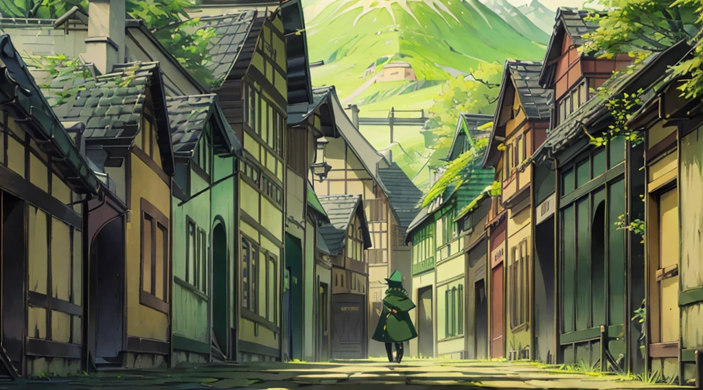 yuichiro hyakuya, (WithoutFear:1), 1 boy, black hair, green eyes, brown coat, gray armor, green shield, green cloak, dark brown gloves, town, white fur trim, tall, anime, standing, good quality, portrait, looking at viewer