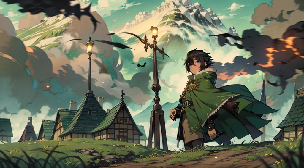 yuichiro hyakuya, (WithoutFear:1), 1 boy, black hair, green eyes, brown coat, gray armor, green shield, green cloak, dark brown gloves, town, white fur trim, tall, anime, standing, good quality, portrait, looking at viewer