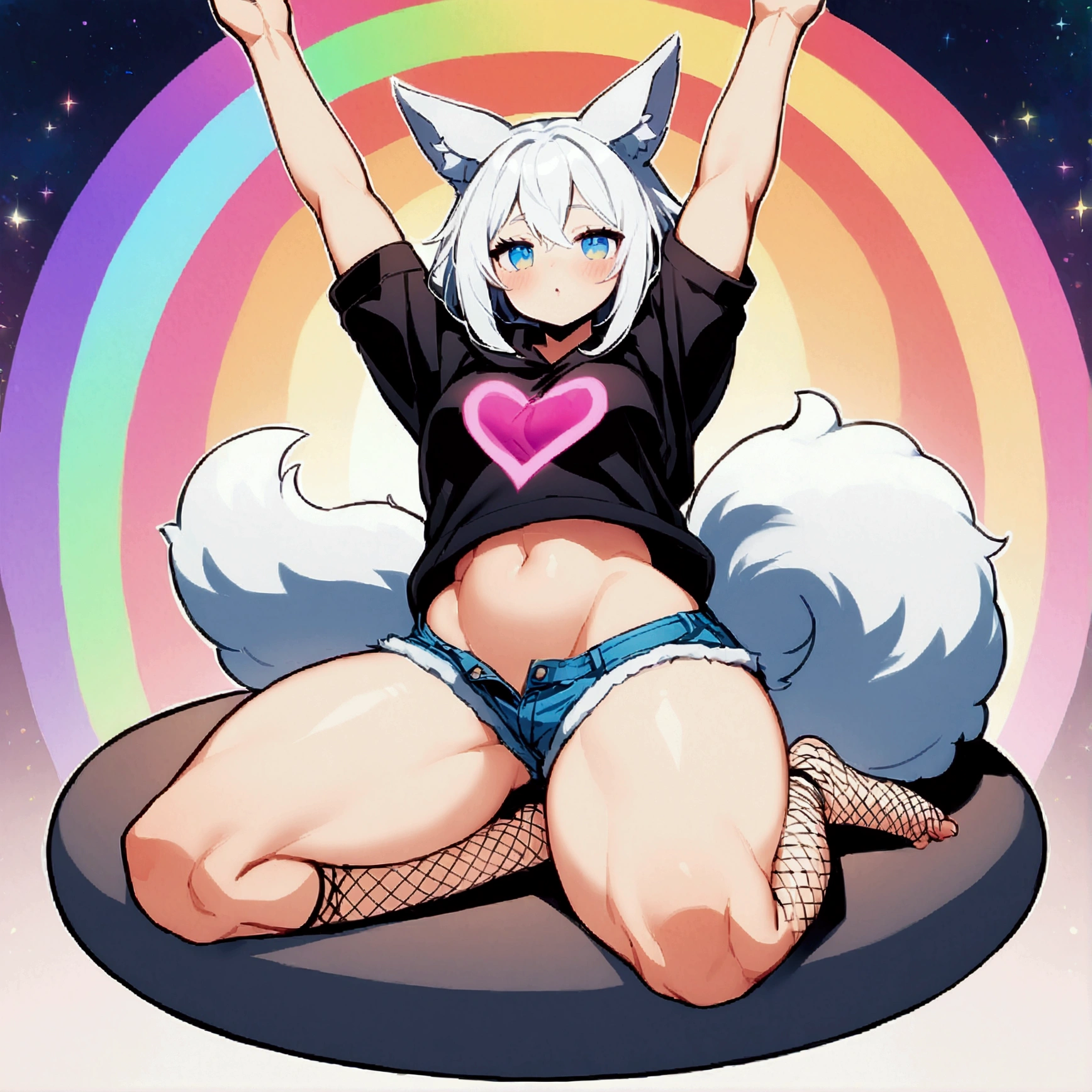 a cute adult male with wolf ears, long white hair, long locks, has a wolf tail, wearing a loose cropped black hoodie, wearing a pair of denim short shorts and fishnet stockings, thick thighs, wide hips, relaxing on mound of fluffy multi colored plushies, short, very slim, showing slender tummy, heart on hoodie, squishy thighs, has glowing blue eyes. alone, solo (ALONE)(SOLO), surrounded by rainbows, colorful galaxy backround, stretching, giggling