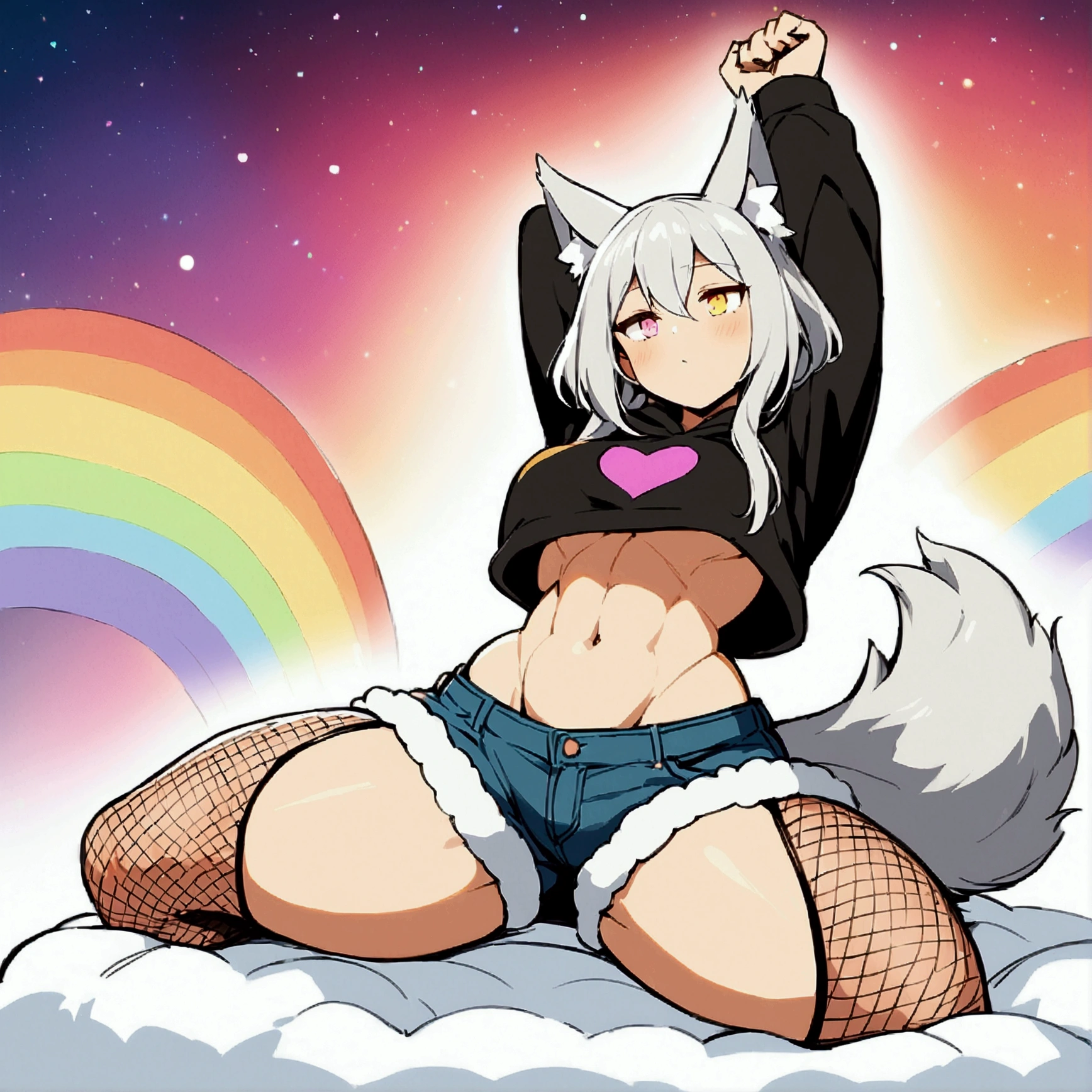 a cute adult male with wolf ears, long white hair, long locks, has a wolf tail, wearing a loose cropped black hoodie, wearing a pair of denim short shorts and fishnet stockings, thick thighs, wide hips, relaxing on mound of fluffy multi colored plushies, short, very slim, showing slender tummy, heart on hoodie, squishy thighs, has glowing blue eyes. alone, solo (ALONE)(SOLO), surrounded by rainbows, colorful galaxy backround, stretching, giggling