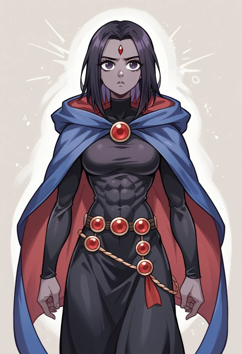 1 adult girl, Raven, black skin black leotard, black cloack, hooded cloak, Greek skirt, long hair, wavy black hair, forehead jeauel, purples eyes, medieval belt, firm skin, standing, toned, breastsout, pose, natta, moonlights, ((posando)), motion lines, trunk, trunk, portraite, b&au. Contour,