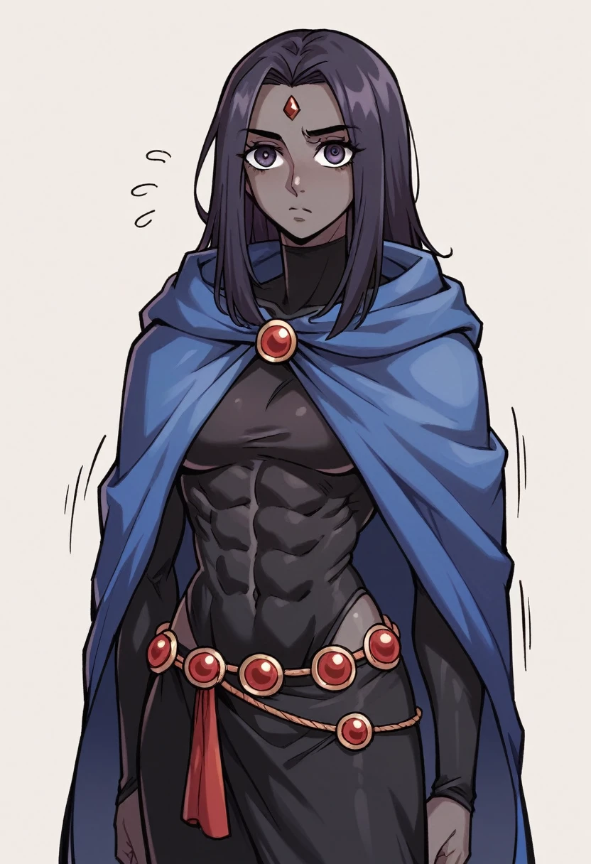 1 adult girl, Raven, black skin black leotard, black cloack, hooded cloak, Greek skirt, long hair, wavy black hair, forehead jeauel, purples eyes, medieval belt, firm skin, standing, toned, breastsout, pose, natta, moonlights, ((posando)), motion lines, trunk, trunk, portraite, b&au. Contour,