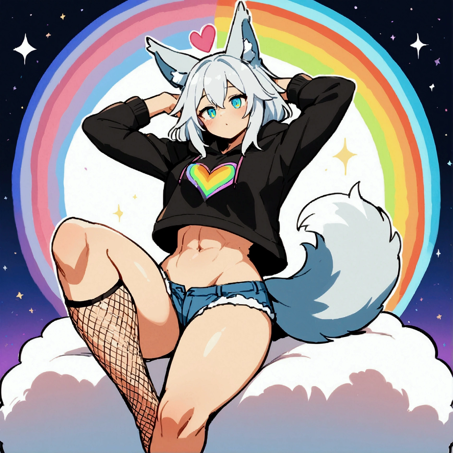 a cute adult male with wolf ears, long white hair, long locks, has a wolf tail, wearing a loose cropped black hoodie, wearing a pair of denim short shorts and fishnet stockings, thick thighs, wide hips, relaxing on mound of fluffy multi colored plushies, short, very slim, showing slender tummy, heart on hoodie, squishy thighs, has glowing blue eyes. alone, solo (ALONE)(SOLO), surrounded by rainbows, colorful galaxy backround, stretching, giggling