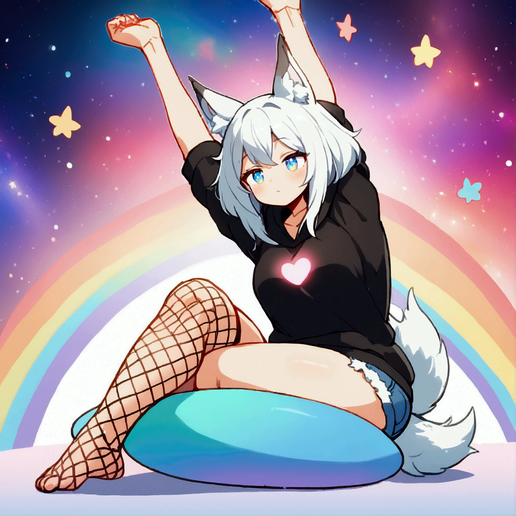 a cute adult male with wolf ears, long white hair, long locks, has a wolf tail, wearing a loose cropped black hoodie, wearing a pair of denim short shorts and fishnet stockings, thick thighs, wide hips, relaxing on mound of fluffy multi colored plushies, short, very slim, showing slender tummy, heart on hoodie, squishy thighs, has glowing blue eyes. alone, solo (ALONE)(SOLO), surrounded by rainbows, colorful galaxy backround, stretching, giggling