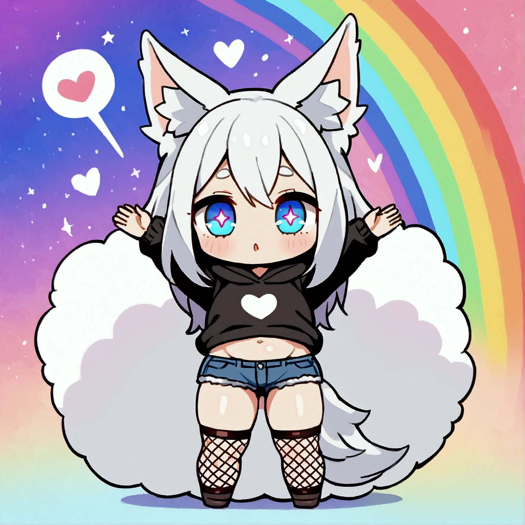 a cute adult male with wolf ears, long white hair, long locks, has a wolf tail, wearing a loose cropped black hoodie, wearing a pair of denim short shorts and fishnet stockings, thick thighs, wide hips, relaxing on mound of fluffy multi colored plushies, short, very slim, showing slender tummy, heart on hoodie, squishy thighs, has glowing blue eyes. alone, solo (ALONE)(SOLO), surrounded by rainbows, colorful galaxy backround, stretching, giggling