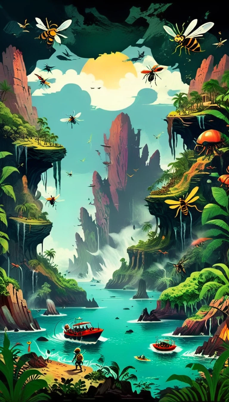 Mysterious Island、Lush tropical vegetation、The towering cliffs、Crashing Waves、ancient ruins、A swarm of giant flying insects、UFO、Spaceman、Volcanic eruptions、Shining Crystal、Mysterious atmosphere、Dramatic lighting、Cinematic composition、Calm colors、atmospheric ambience、EdobHorrorLandscape、Children's Illustration Style、vintage comic book