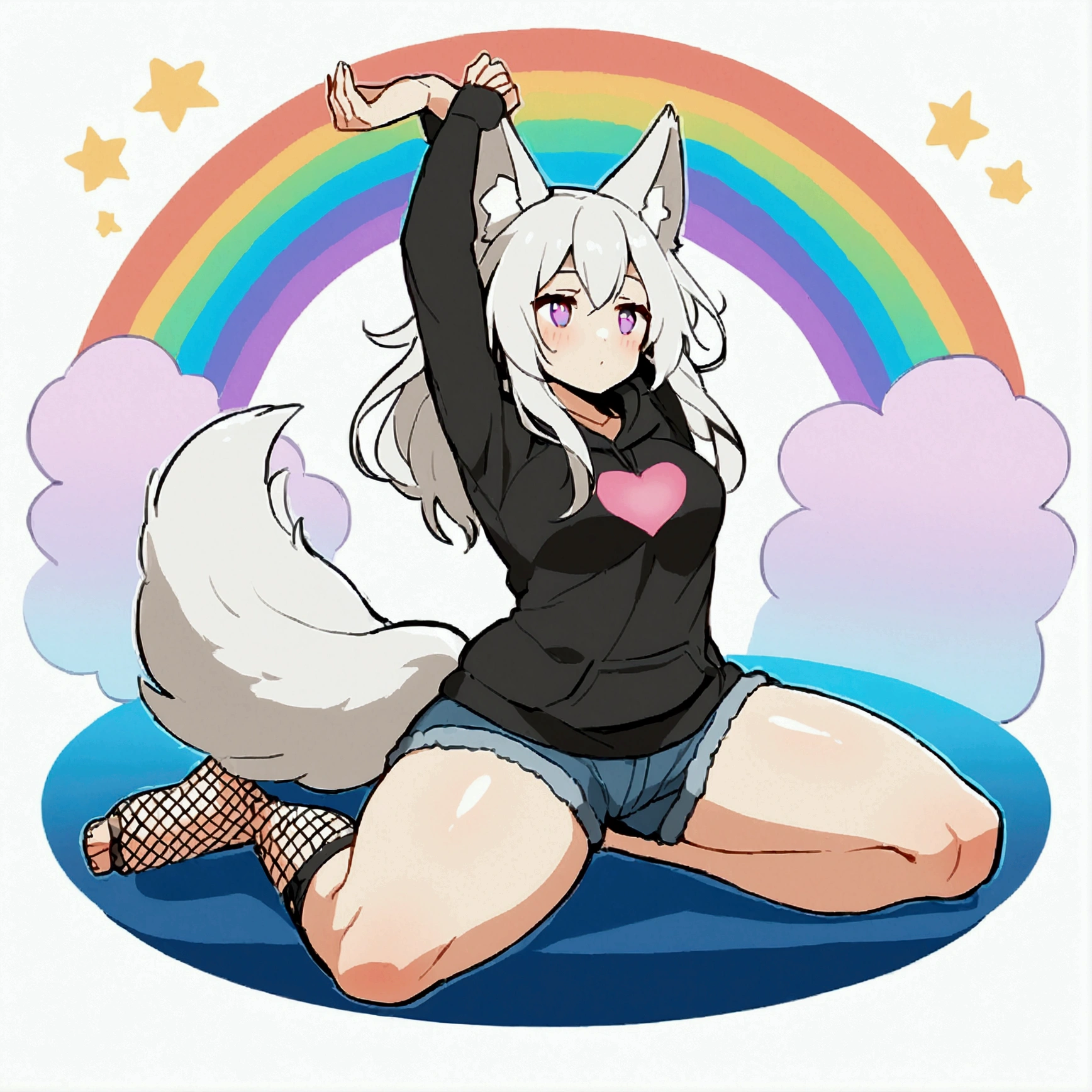 a cute adult male with wolf ears, long white hair, long locks, has a wolf tail, wearing a loose cropped black hoodie, wearing a pair of denim short shorts and fishnet stockings, thick thighs, wide hips, relaxing on mound of fluffy multi colored plushies, short, very slim, showing slender tummy, heart on hoodie, squishy thighs, has glowing blue eyes. alone, solo (ALONE)(SOLO), surrounded by rainbows, colorful galaxy backround, stretching, giggling