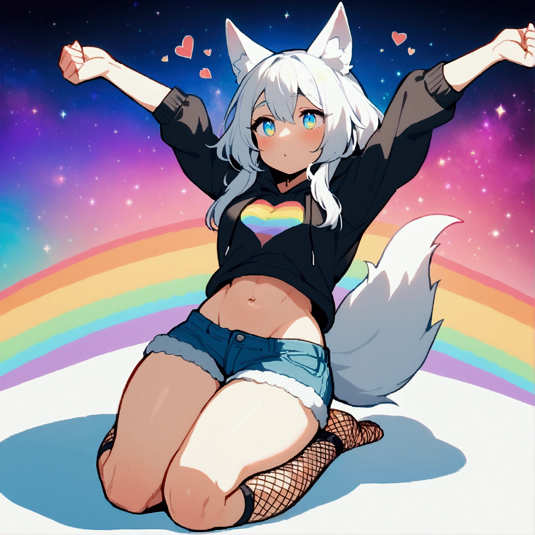 a cute adult male with wolf ears, long white hair, long locks, has a wolf tail, wearing a loose cropped black hoodie, wearing a pair of denim short shorts and fishnet stockings, thick thighs, wide hips, relaxing on mound of fluffy multi colored plushies, short, very slim, showing slender tummy, heart on hoodie, squishy thighs, has glowing blue eyes. alone, solo (ALONE)(SOLO), surrounded by rainbows, colorful galaxy backround, stretching, giggling
