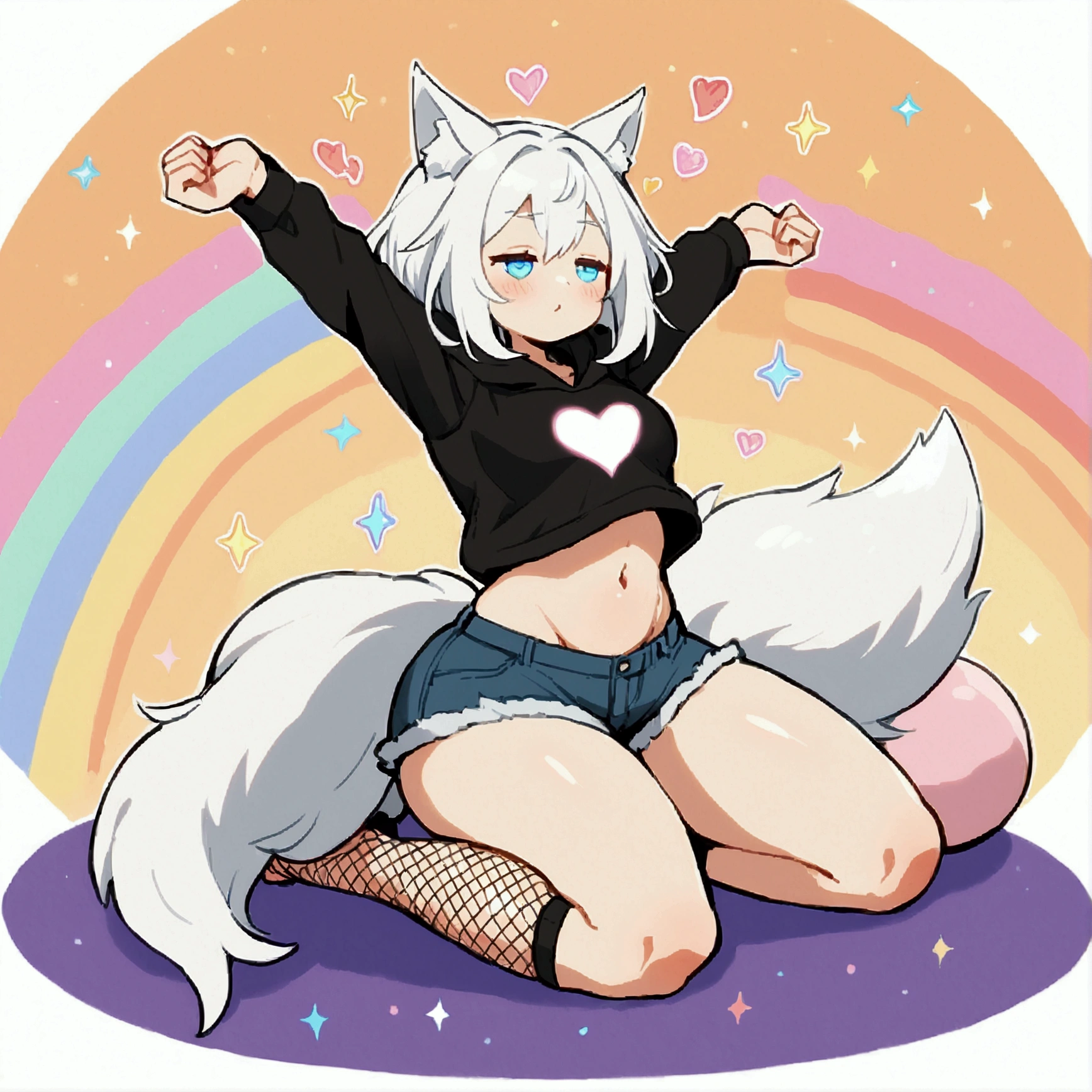 a cute adult male with wolf ears, long white hair, long locks, has a wolf tail, wearing a loose cropped black hoodie, wearing a pair of denim short shorts and fishnet stockings, thick thighs, wide hips, relaxing on mound of fluffy multi colored plushies, short, very slim, showing slender tummy, heart on hoodie, squishy thighs, has glowing blue eyes. alone, solo (ALONE)(SOLO), surrounded by rainbows, colorful galaxy backround, stretching, giggling