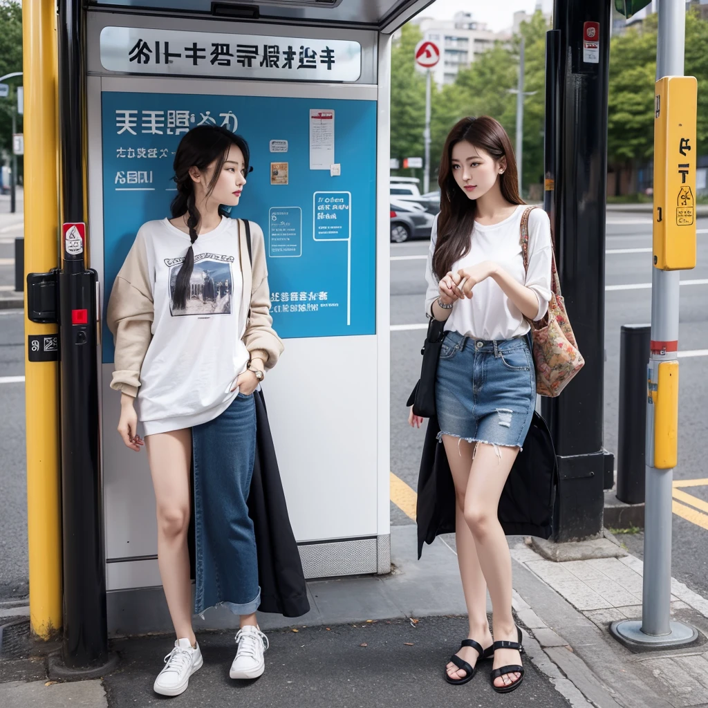 Please draw a beautiful lady with temperament，Wear casual clothing，Then the bus stop sign