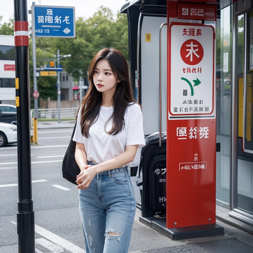 Please draw a beautiful lady with temperament,Wear casual clothing,Then the bus stop sign