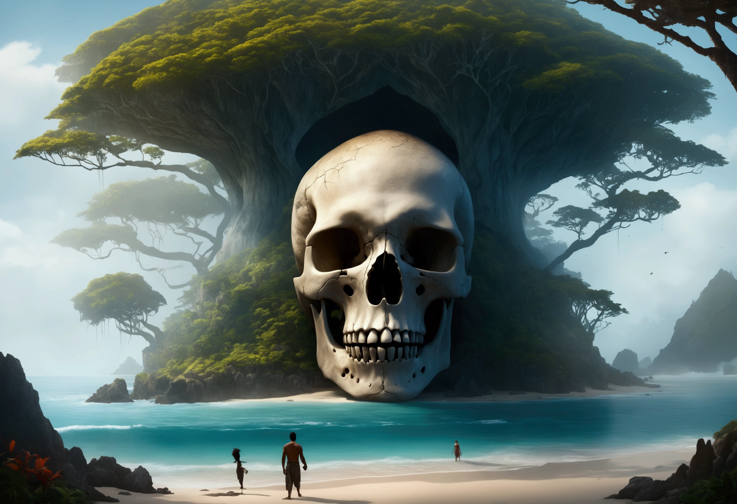 A tropical island, a gigantic human skull shaped cave opens up to the ocean, strange trees and animals grow on the island, fog hangs thin over the isle