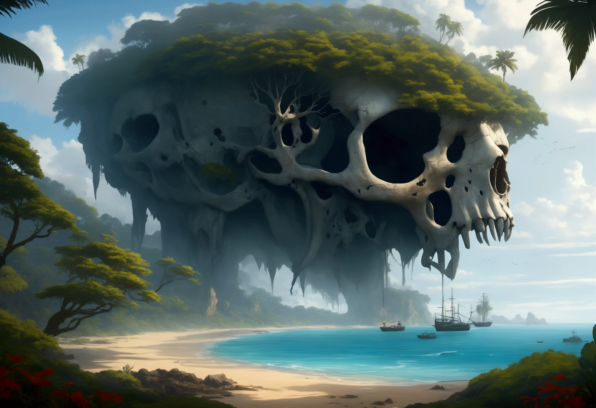 A tropical island, a gigantic human skull shaped cave opens up to the ocean, strange trees and animals grow on the island, fog hangs thin over the isle
