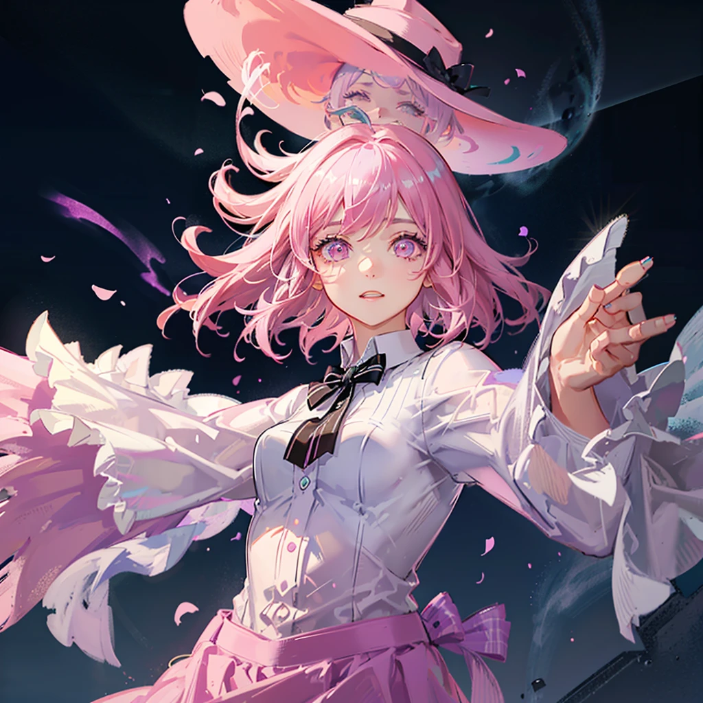 girl floating, looking upsidedown, fantasy, short pink hair, pink eyes, colorful, pastel colors, fedora, white tuxedo
