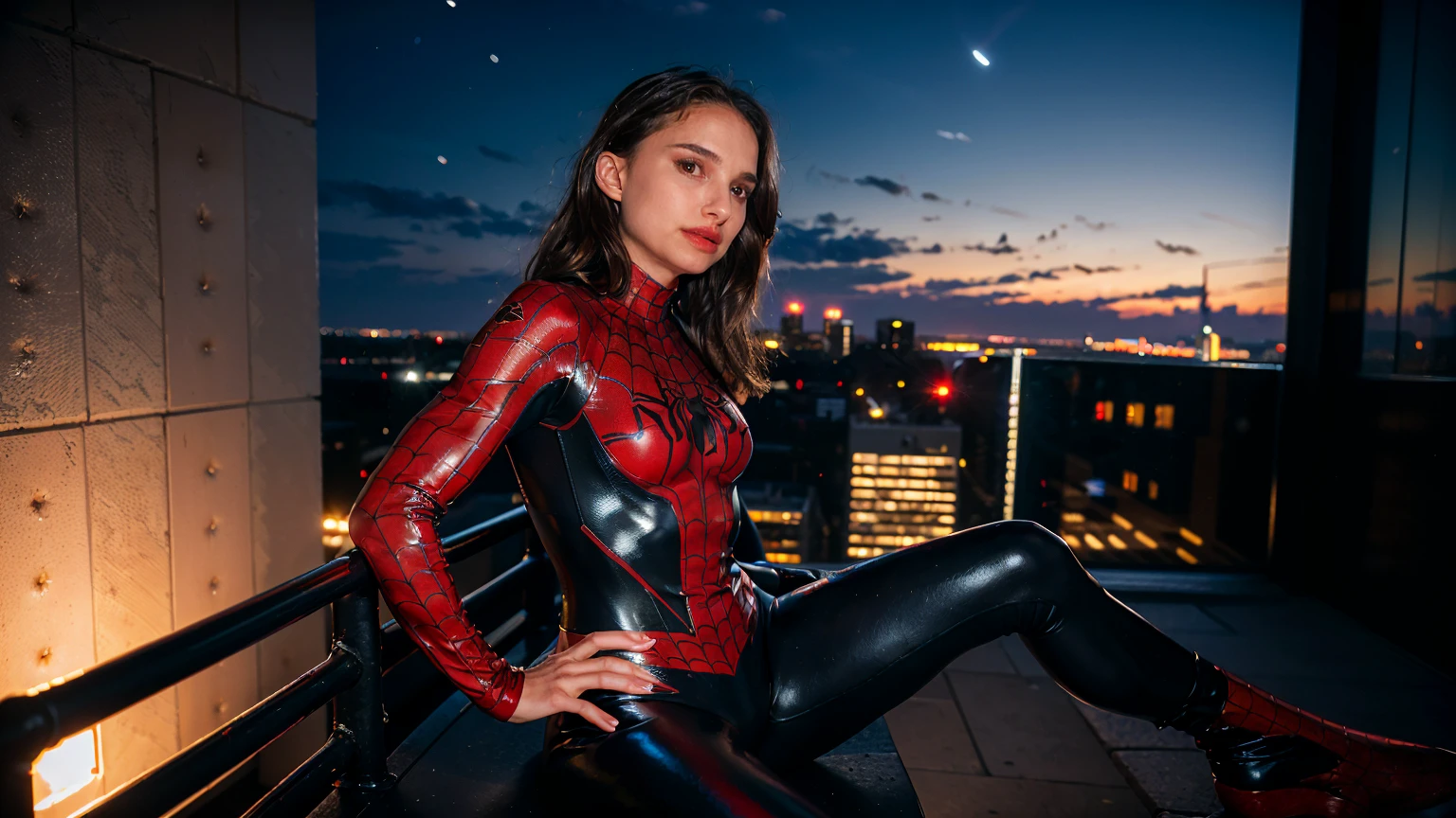 Masterpiece, Best quality,, (photorealistic1.4), (UHD), (n4t4l13p-v2), (epiCRealLife), (flashphoto),, (photorealistic1.4), (Natalie Portman in Spider Suit), (city rooftop), (night time), (spiderman latex suit), (red lipstick), (flash photography), (widescreen photo), (indoor),