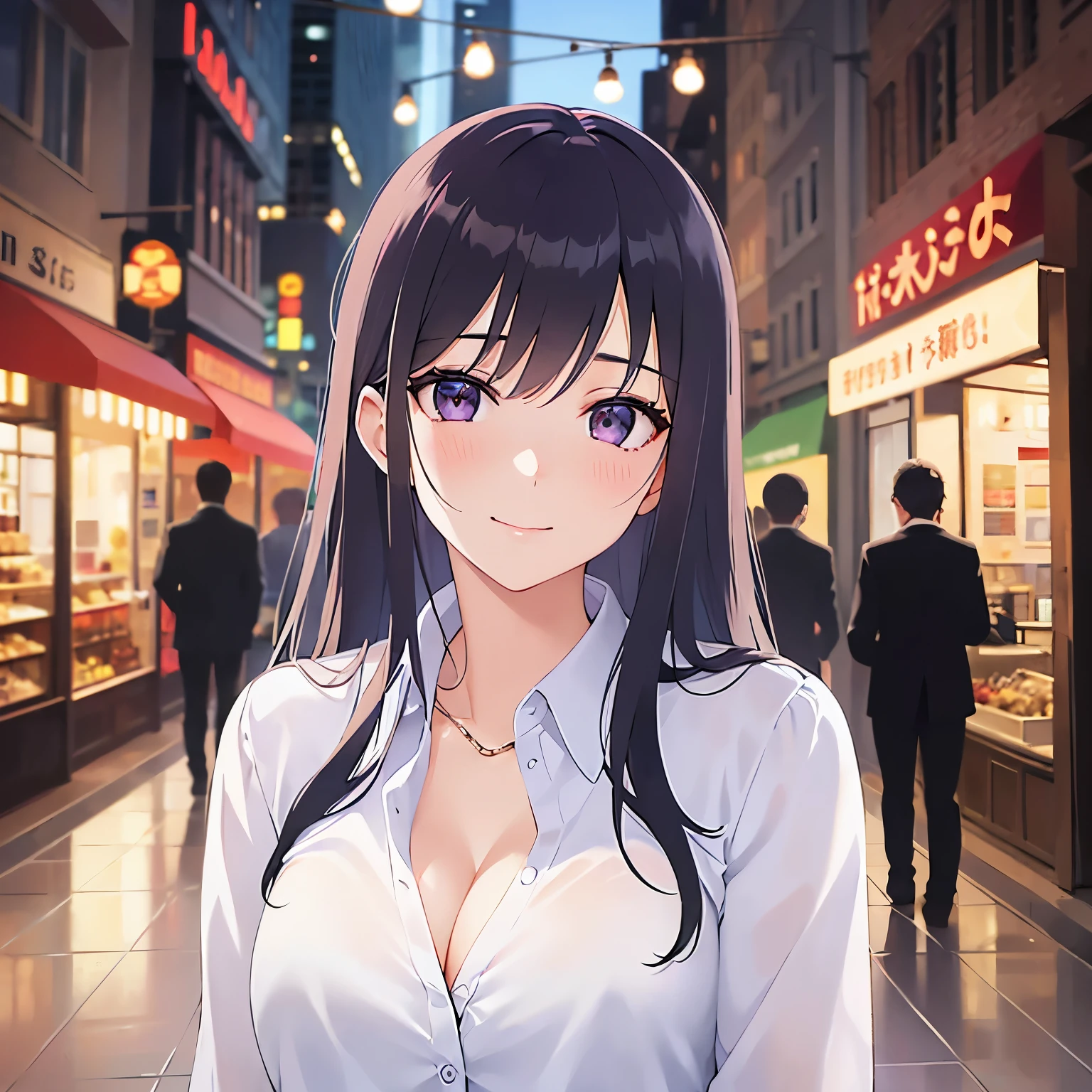 head tilt, Cleavage、Upper Body, Realistic, real person, (pale skin: 1.2), RAW photo, photorealistic, shiny skin, shiny hair、(A 25-year-old woman with straight hair and bangs) and (medium hair) and (black hair) and (purple eyes) , (white) and (collared shirt)、smile, (blush:1.3), The background is a shopping street at night、Alone、Are standing