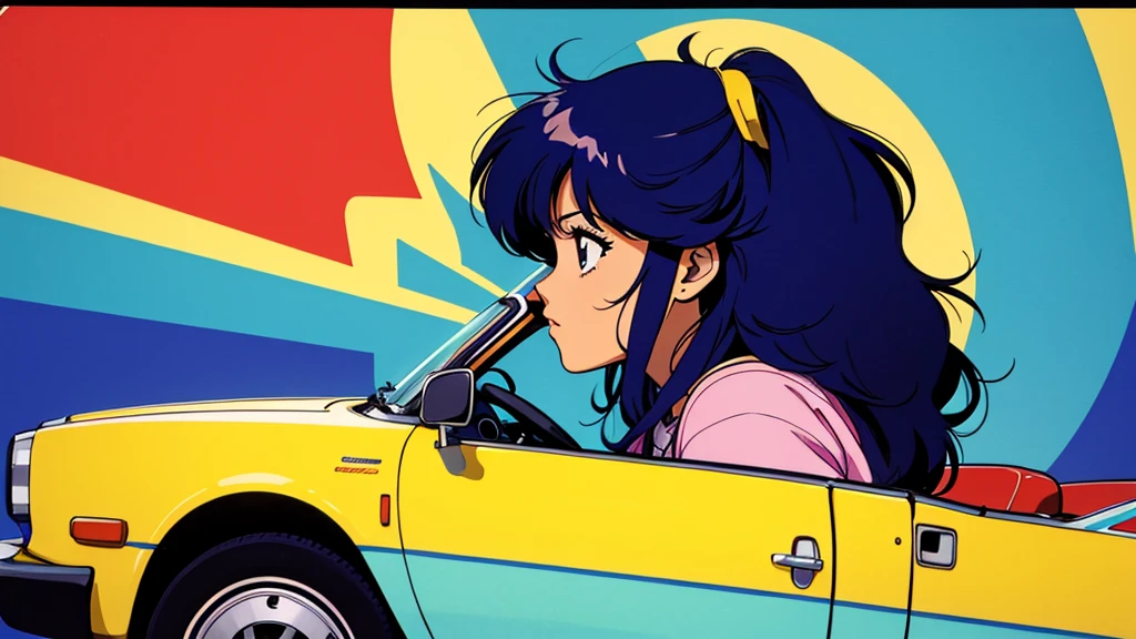 One beautiful energetic woman、sitting in the passenger seat of a car、80Retro anime style of the 1980s、Vivid colors、Image of a woman from inside a car、profile、alone、