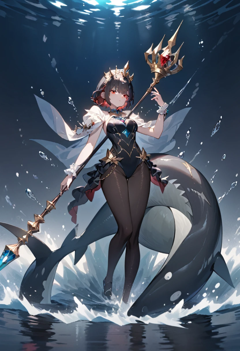 A queen,Stand on the water,short hair,Red eyes,Full figure,Black pantyhose,Jewel swimsuit,Black shark tail,Scepter