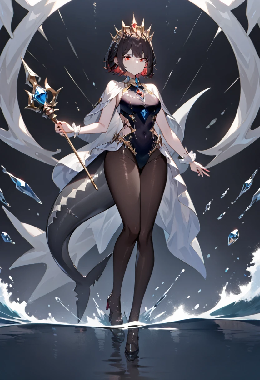 A queen,Stand on the water,short hair,Red eyes,Full figure,Black pantyhose,Jewel swimsuit,Black shark tail,Scepter