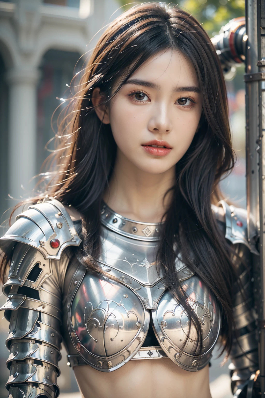 A woman in armor posing, Bikini Armor 女骑士, Armor Girl, , Bikini Armor, Metal Armor,Heavy armor,Metallic Bikini,metal breastplate,Metal trousers,Metallic armor,Gorgeous female paladin,Amazing Armor, Heavy shoulder armor,Heavy leg nails,Heavy Armor,Perfect face,Stunningly beautiful,Fantasy Warrior, Light black armor, fantasy paladin woman,Bare belly,Sexy belly,fair,Dynamic poses, Delicate face, Vibrant eyes, High Detail Skin, Realistic skin details, Visible pores, Sharp focus, Volumetric Fog, 8k ultra high definition, SLR camera, high quality, Photorealism, Photorealism, Photography, ((8k, Raw, masterpiece: 1.4)), (Professional Photography, sharp:1.2), ((Portrait shoot)), Perfect dynamic composition, (Natural sunlight), (soft shadow), (Perfect body:1.4), Ultra-detailed face and skin, Perfect Asian, White skin, (Delicate skin:1.3), (Perfect glowing skin:0.6), beautiful eyes, Round eyes, Pretty Face, blush, Glossy lips, High nose bridge, Shiny eyes, 比例Perfect face, Real moist skin, Exquisite expression, looking at camera,Smile
