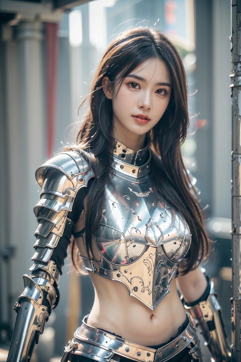 A woman in armor posing, Bikini Armor 女骑士, Armor Girl, , Bikini Armor, Metal Armor,Heavy armor,Metallic Bikini,metal breastplate,Metal trousers,Metallic armor,Gorgeous female paladin,Amazing Armor, Heavy shoulder armor,Heavy leg nails,Heavy Armor,Perfect face,Stunningly beautiful,Fantasy Warrior, Light black armor, fantasy paladin woman,Bare belly,Sexy belly,fair,Dynamic poses, Delicate face, Vibrant eyes, High Detail Skin, Realistic skin details, Visible pores, Sharp focus, Volumetric Fog, 8k ultra high definition, SLR camera, high quality, Photorealism, Photorealism, Photography, ((8k, Raw, masterpiece: 1.4)), (Professional Photography, sharp:1.2), ((Portrait shoot)), Perfect dynamic composition, (Natural sunlight), (soft shadow), (Perfect body:1.4), Ultra-detailed face and skin, Perfect Asian, White skin, (Delicate skin:1.3), (Perfect glowing skin:0.6), beautiful eyes, Round eyes, Pretty Face, blush, Glossy lips, High nose bridge, Shiny eyes, 比例Perfect face, Real moist skin, Exquisite expression, looking at camera,Smile