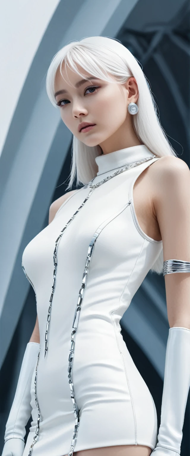 Wearing a white dress、Arav woman wearing chains and gloves, Dressed in futuristic white armor, White robot fashion photo, Fashion futuristic woman, Wearing futuristic clothing, Beautiful white girl robot, futuristic clothes, Tifa Lockhart white hair, Beautiful female robot, Robot Fashion Model, Robot-Silver Hair Girl, Beautiful woman, futuristic hi-tech details