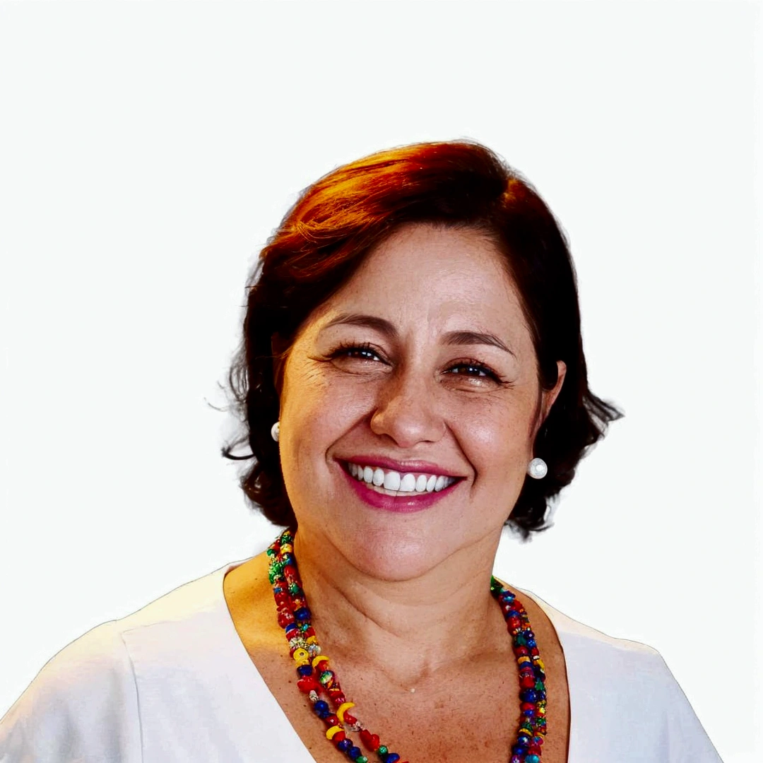 smiling woman with multicolored necklace and white shirt against white background, Magda Torres Gurza, fernanda suarez, brush pile, Carola Rubio, lorena avarez, Blanca Alvarez, alanis guillen, Caroline Gariba, olivia de bernardinis, Julia Fuentes, valentine shuffle, sandra chevier, andrea rocha, adriana dxim