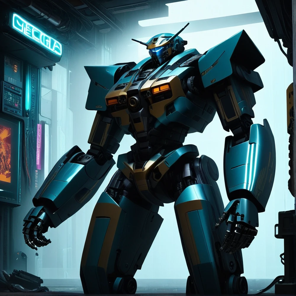 Generate a background image, full and harmonious composition, cyberpunk style, with mecha elements, without characters