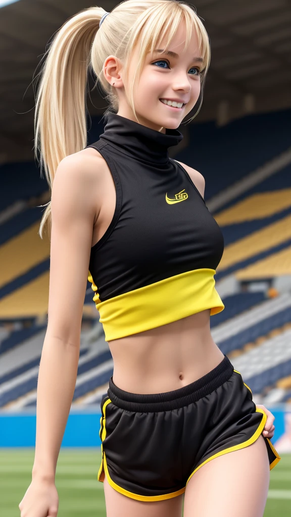 beautiful girl runner, 16 years old, Prepare to practice running, Lean over to tie your shoelaces..........................., Blond hair, Ponytail, bangs, Smile a little..........................., Wear glasses, ((Wear a sleeveless sports bar..........................., turtleneck, black and yellow shorts, (underboob))), The abdomen has sexy lines..........................., yellow running shoes, in the stadium stands, anime, high-res, bunda sexy,