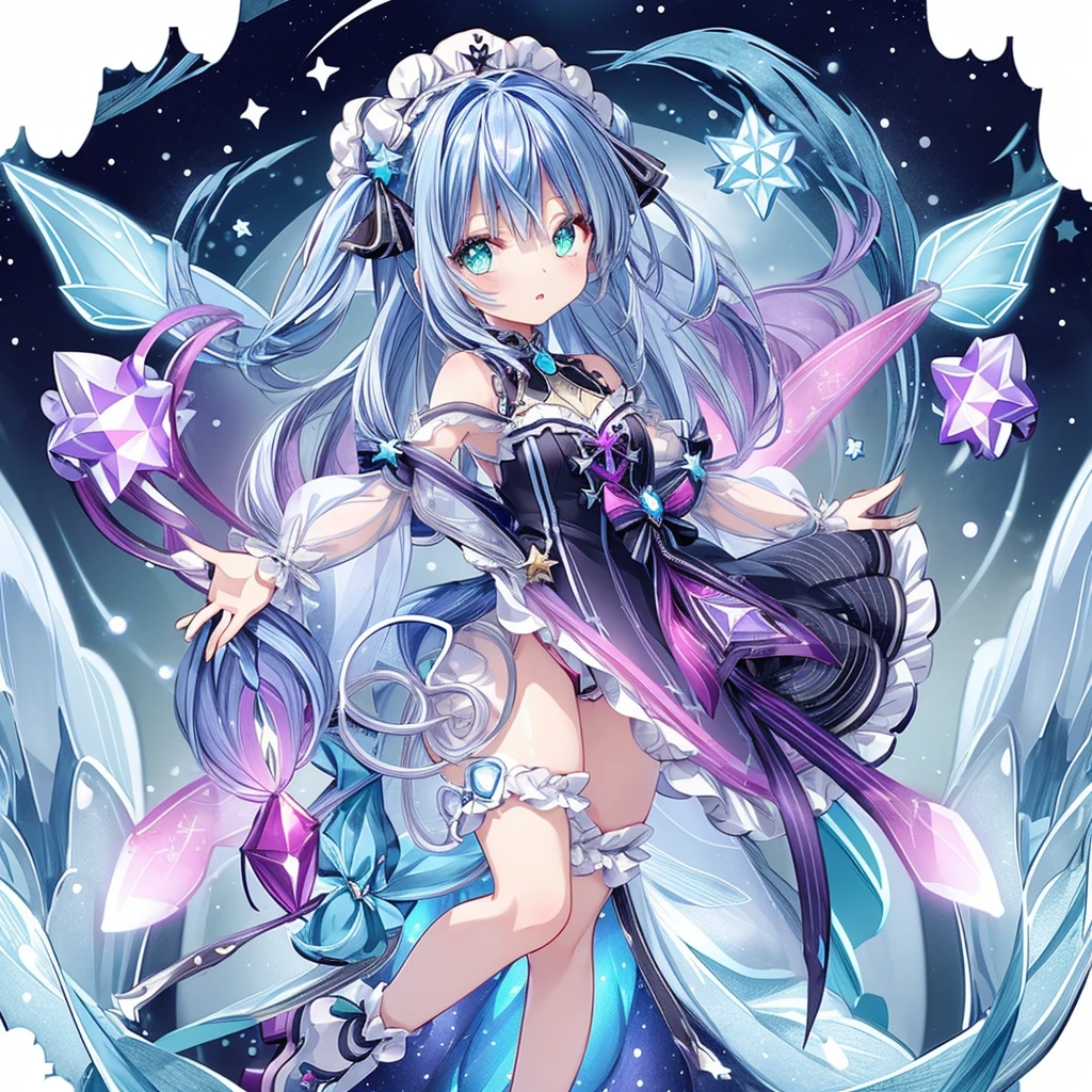 1girl、Star Fairy、Star incarnation、Character design front view、A picture facing the viewer、Cute original black and magenta clothes、(((Super detailed、Highest quality、Masterpiece)))、Original cute hairstyle、Milky white and blue hair color、Simple Green Background、vtuber-fullbody,