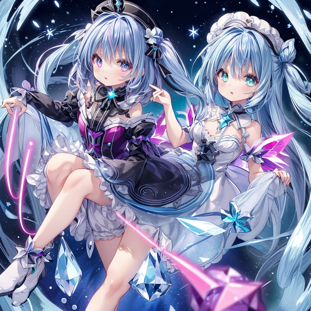 1girl、Star Fairy、Star incarnation、Character design front view、A picture facing the viewer、Cute original black and magenta clothes、(((Super detailed、Highest quality、Masterpiece)))、Original cute hairstyle、Milky white and blue hair color、Simple Green Background、vtuber-fullbody,